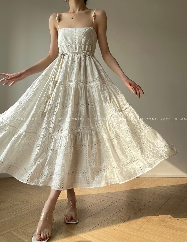 Aconiconi｜Retro Embroidery Sling Summer Dress