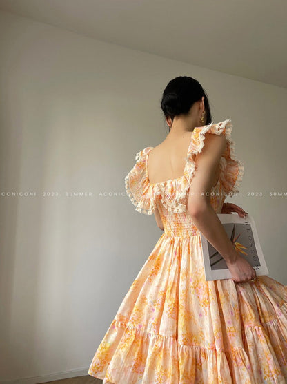 Aconiconi｜Primrose Sweet Orange Floral Lace Dress