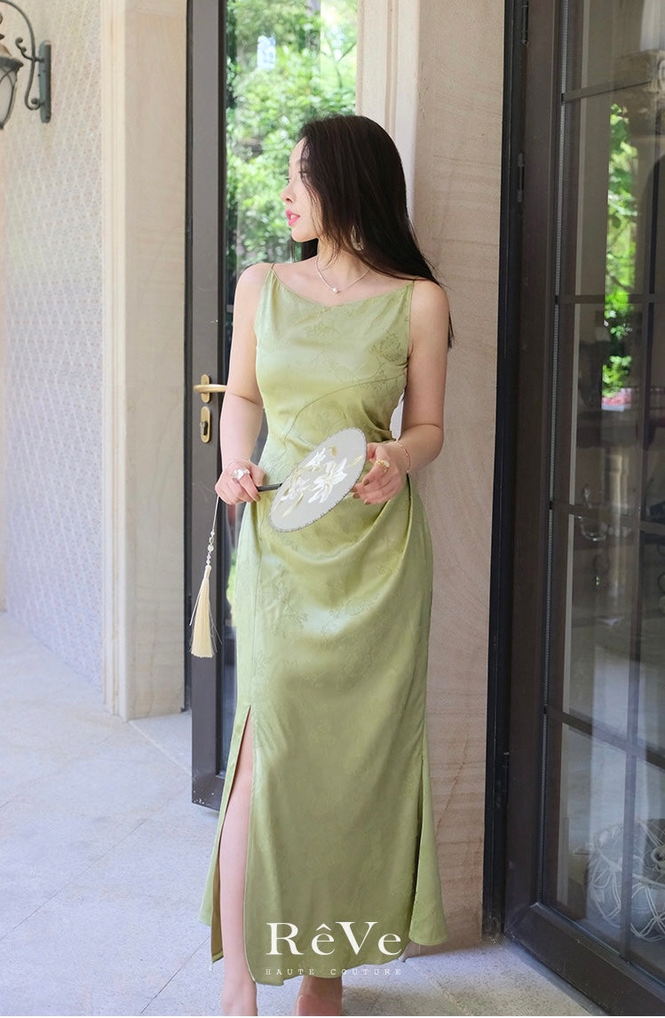 ReVe | Oriental Dark Pattern Peony Jacquard Phoenix Satin Suspender Dress