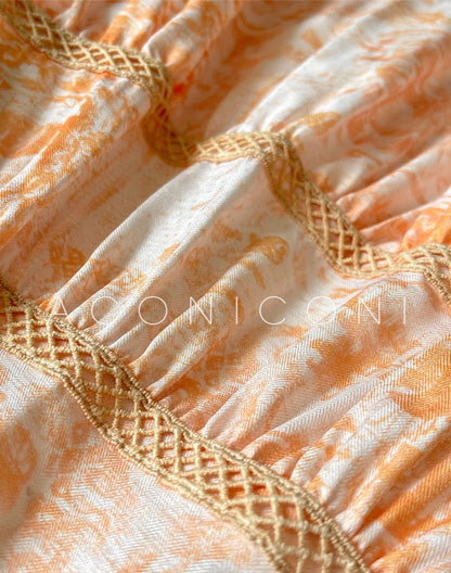 Aconiconi｜Orange Bloom Sweet Dream French Print V-neck Puff Sleeve Dress