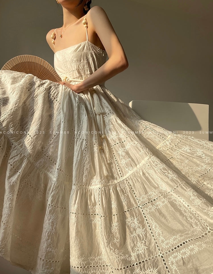Aconiconi｜Retro Embroidery Sling Summer Dress