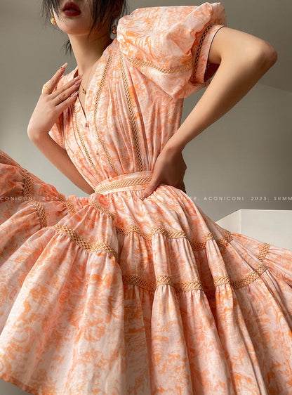 Aconiconi｜Orange Bloom Sweet Dream French Print V-neck Puff Sleeve Dress