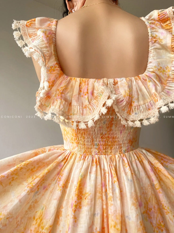 Aconiconi｜Primrose Sweet Orange Floral Lace Dress