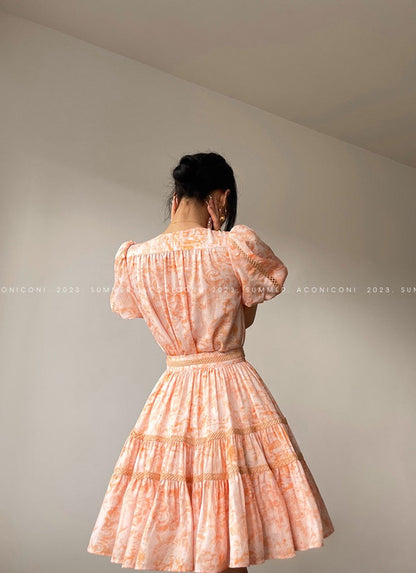 Aconiconi｜Orange Bloom Sweet Dream French Print V-neck Puff Sleeve Dress