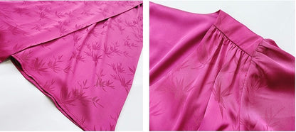 ReVe | Burgundy Rose Pattern Jacquard Phoenix Satin Dress