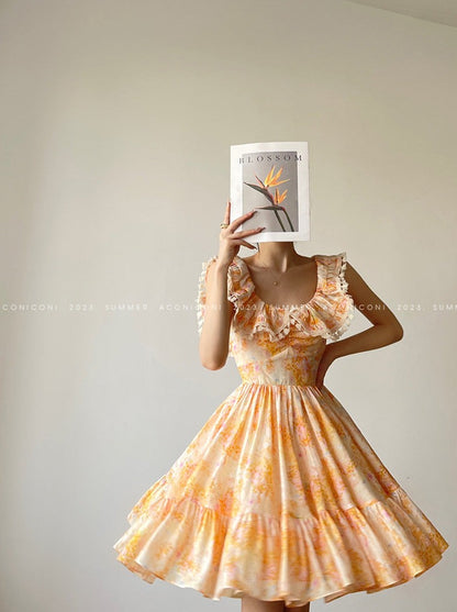 Aconiconi｜Primrose Sweet Orange Floral Lace Dress