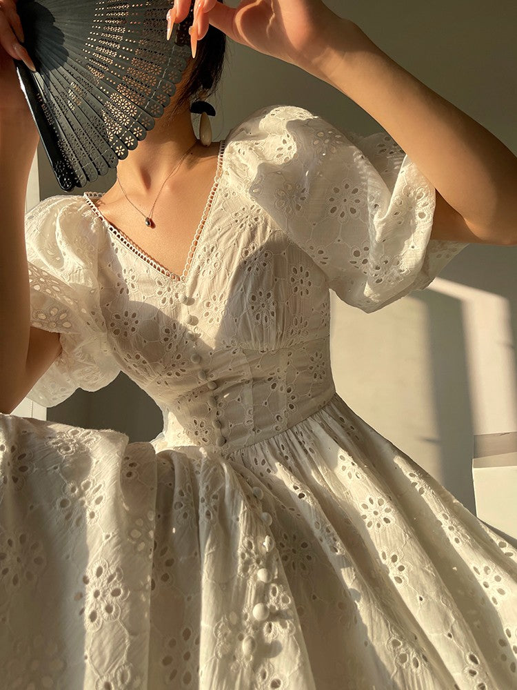 Aconiconi｜Anne Forest French dress pure cotton V-neck lace dress