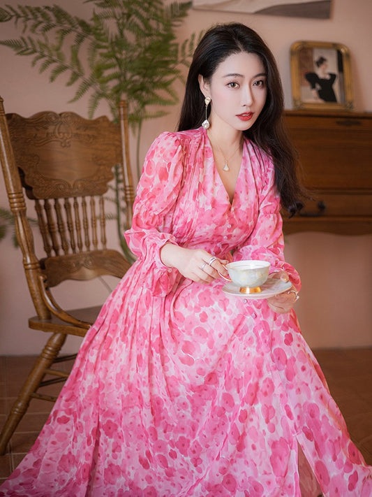ReVe | Cherry Blossom Floral Chiffon Long-Sleeved Dress
