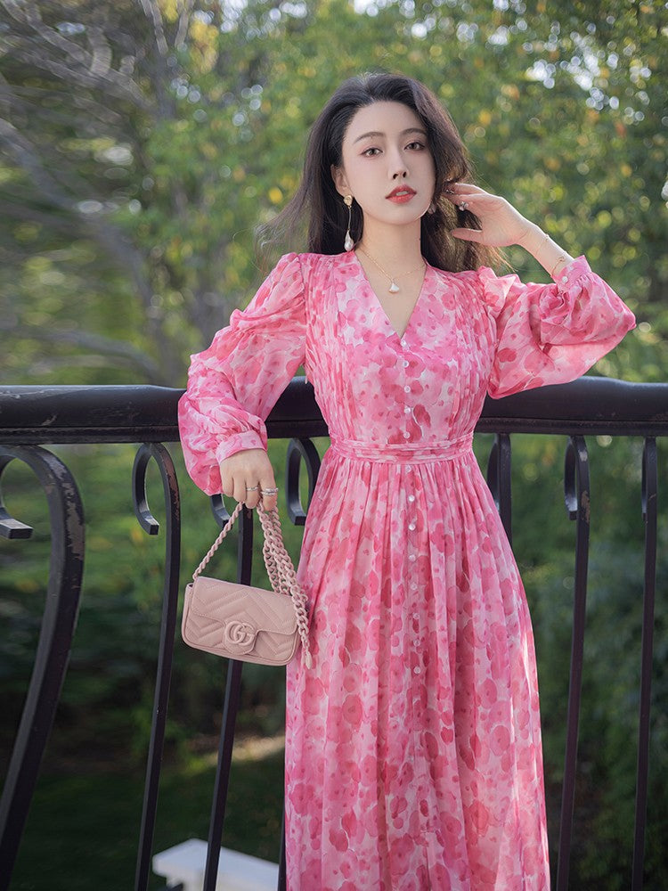 ReVe | Cherry Blossom Floral Chiffon Long-Sleeved Dress