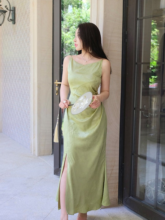 ReVe | Oriental Dark Pattern Peony Jacquard Phoenix Satin Suspender Dress