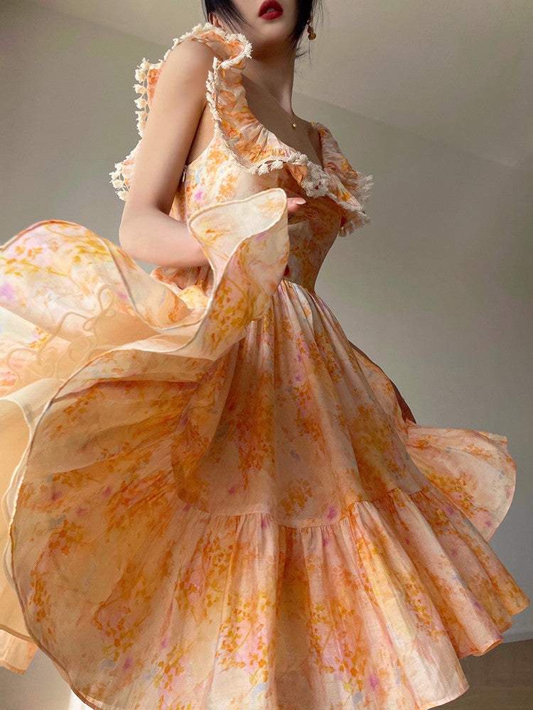 Aconiconi｜Primrose Sweet Orange Floral Lace Dress