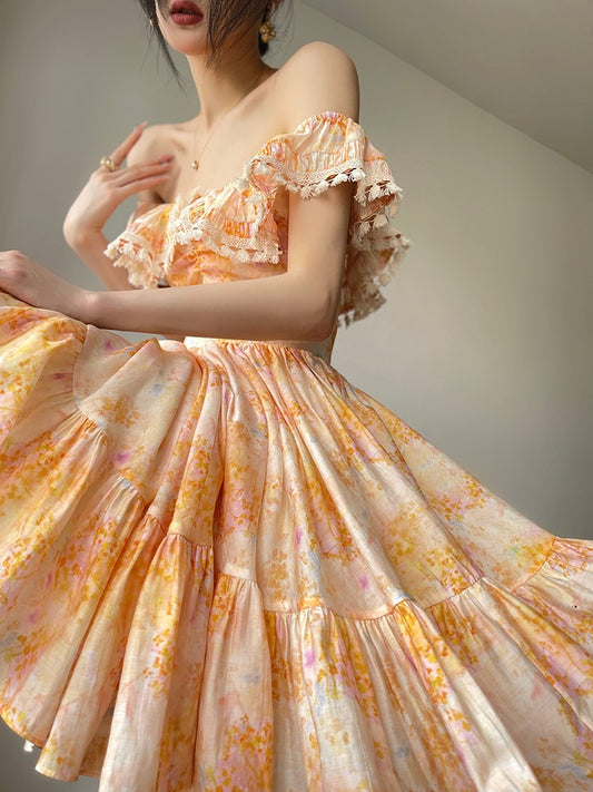 Aconiconi｜Primrose Sweet Orange Floral Lace Dress