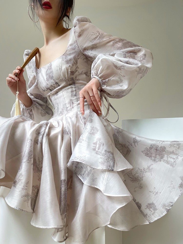 Aconiconi｜Summer Shadows Long-Sleeved Square Collar Dress