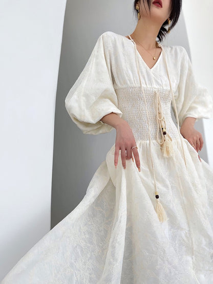 Aconiconi｜Snow Bud Evening Fragrance embroidered Elastic Waist Dress