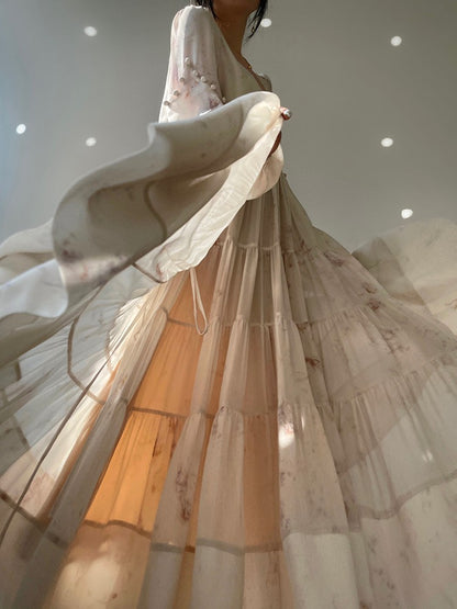 Aconiconi｜Fall Fairy Vacation Style Loose Chiffon Dress