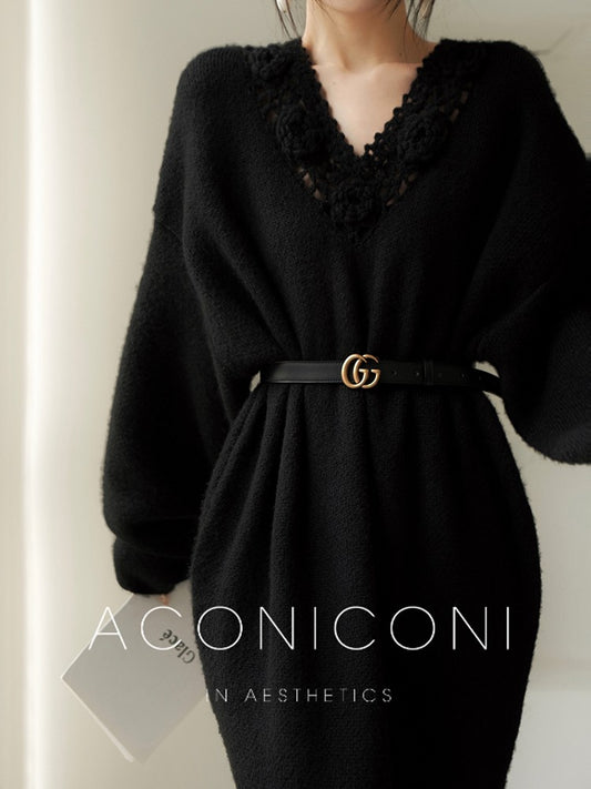 Aconiconi｜Mushan Crochet Hollow Flower  Wool Knitted Dress